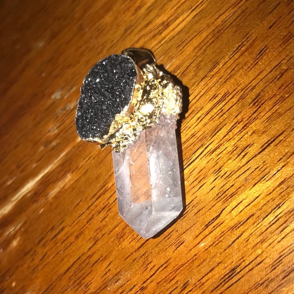 “Black Druzy & Clear Quartz” Crystal Pyramid Terminated Point Wand Gold Necklace - Picture 14 of 16